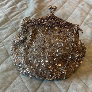 New Silver Anthropologie Sequin Clutch with detachable Chain
